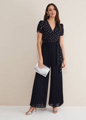 Molli Spot Pleated Jumpsuit - Navy