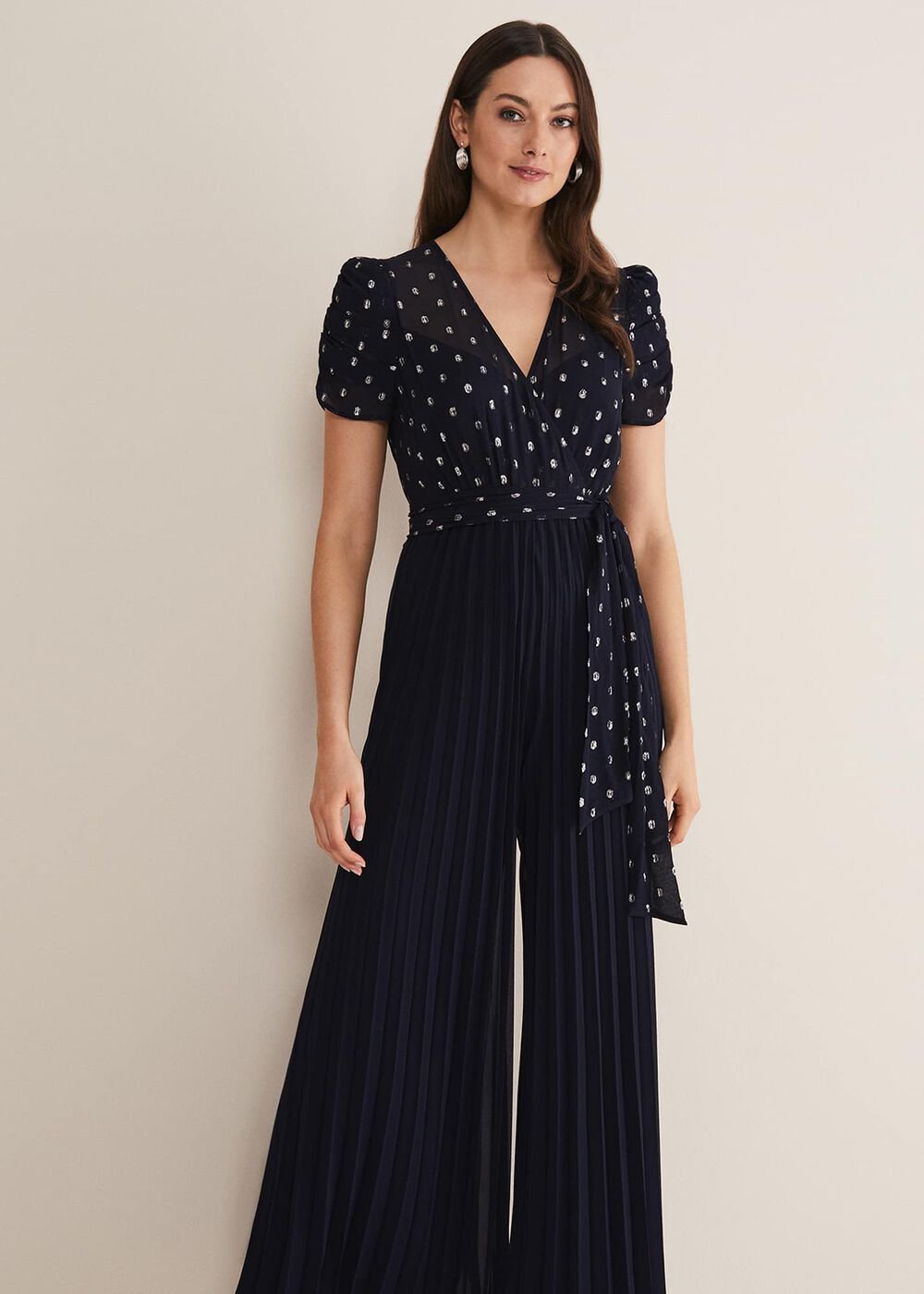 Molli Spot Pleated Jumpsuit - Navy