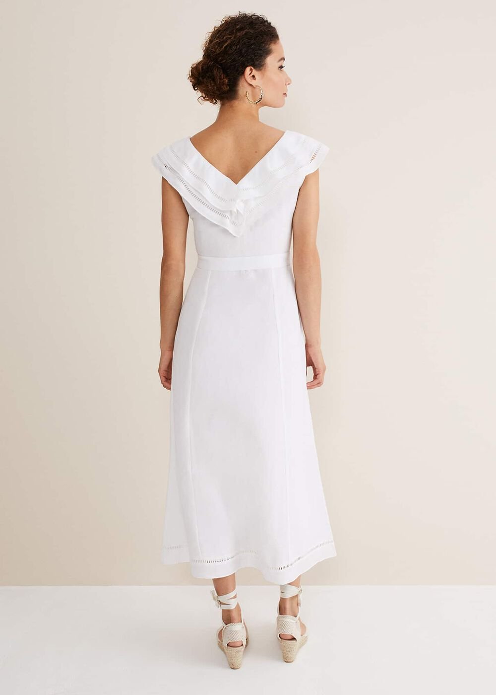 Julieta White Linen Ruffle Broderie Midi Dress - White