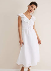Julieta White Linen Ruffle Broderie Midi Dress - White