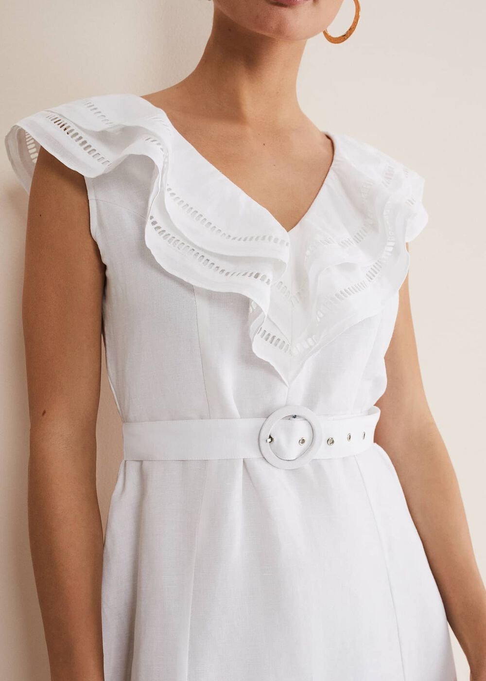 Julieta White Linen Ruffle Broderie Midi Dress - White