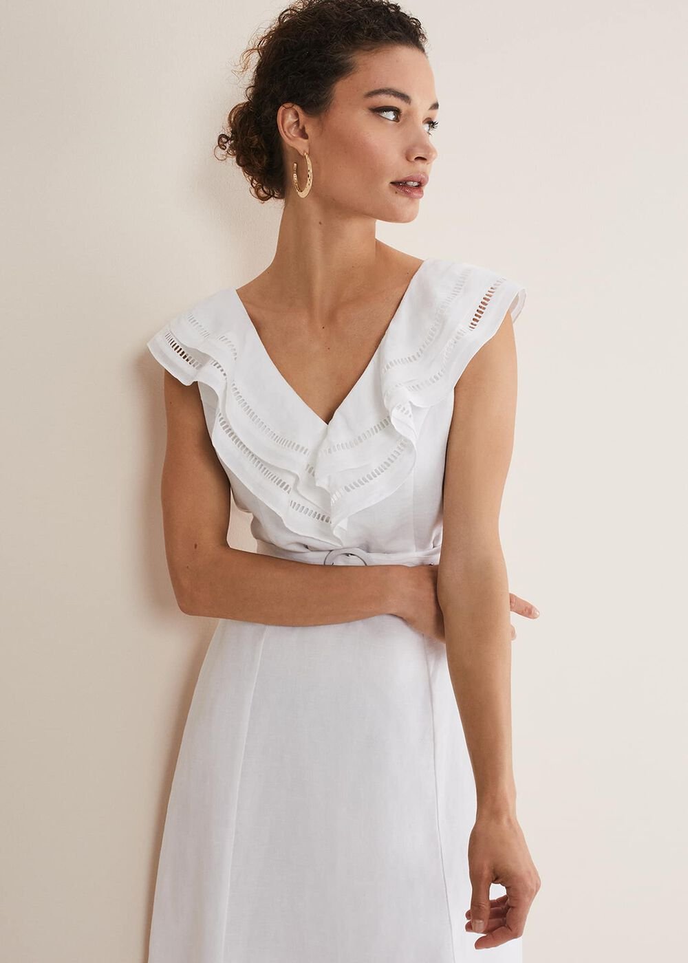 Julieta White Linen Ruffle Broderie Midi Dress - White