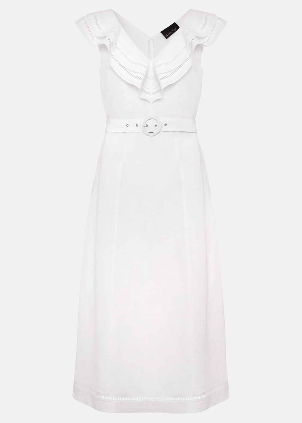 Julieta White Linen Ruffle Broderie Midi Dress - White