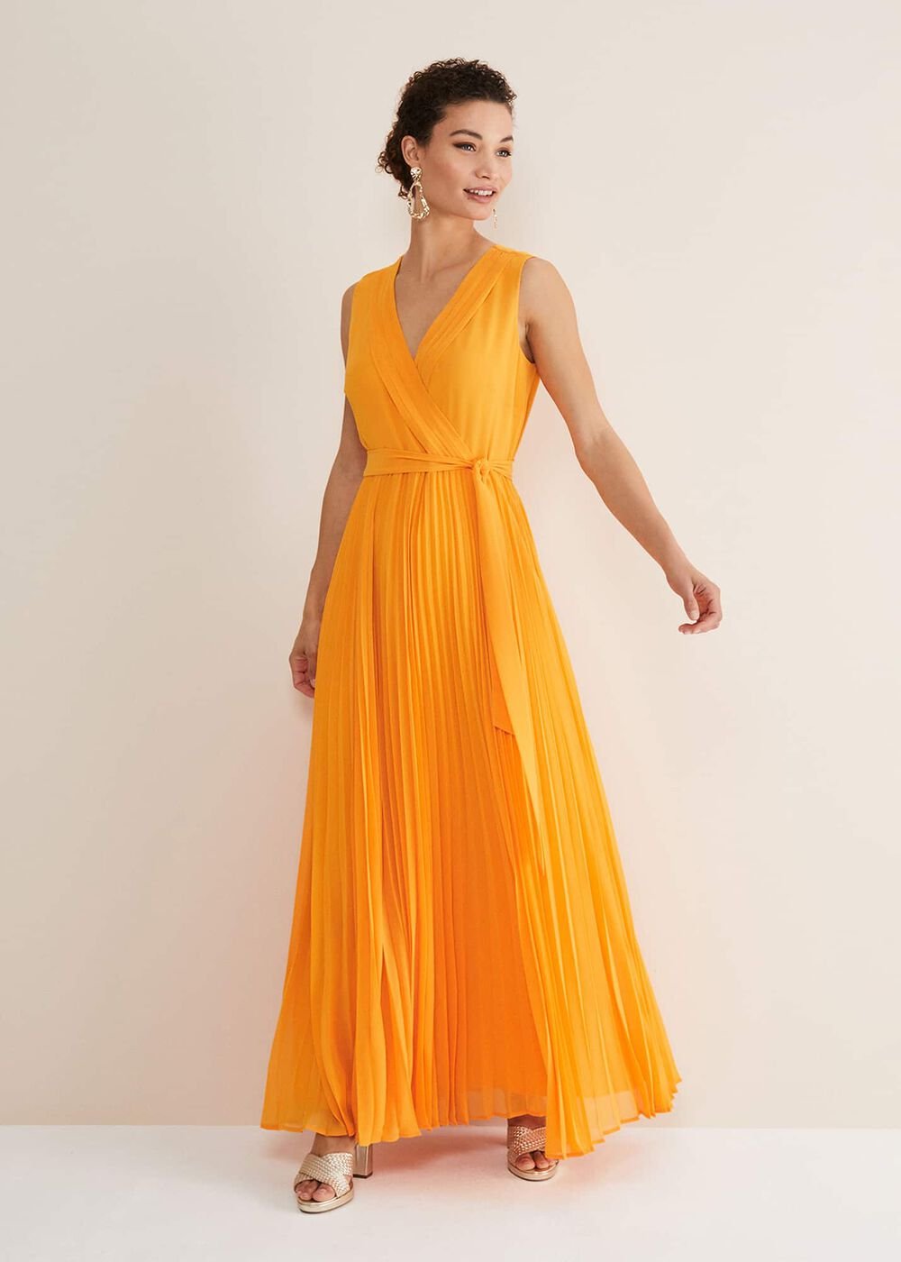 Mollie Pleat Maxi Dress - Bright Orange