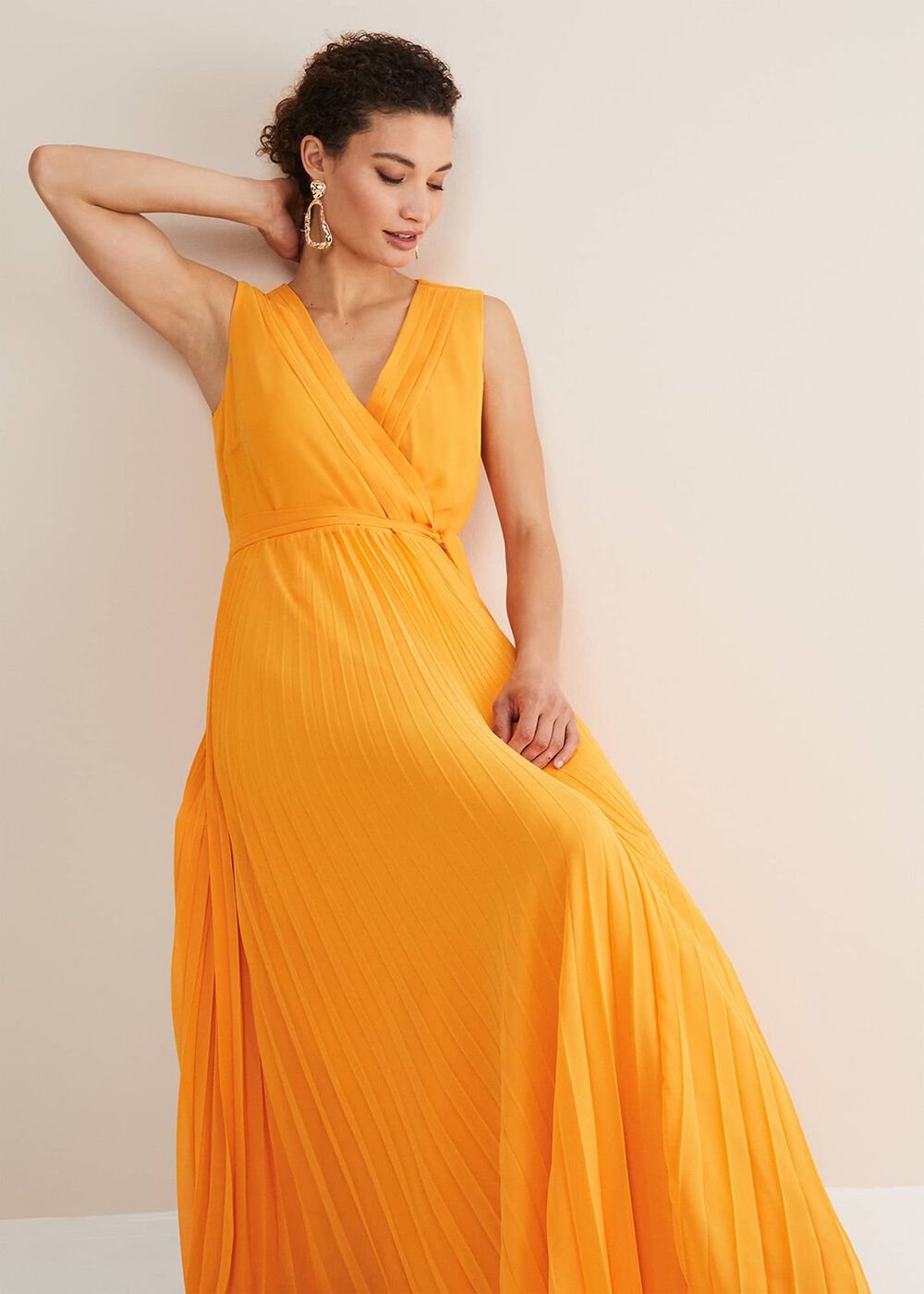 Mollie Pleat Maxi Dress - Bright Orange
