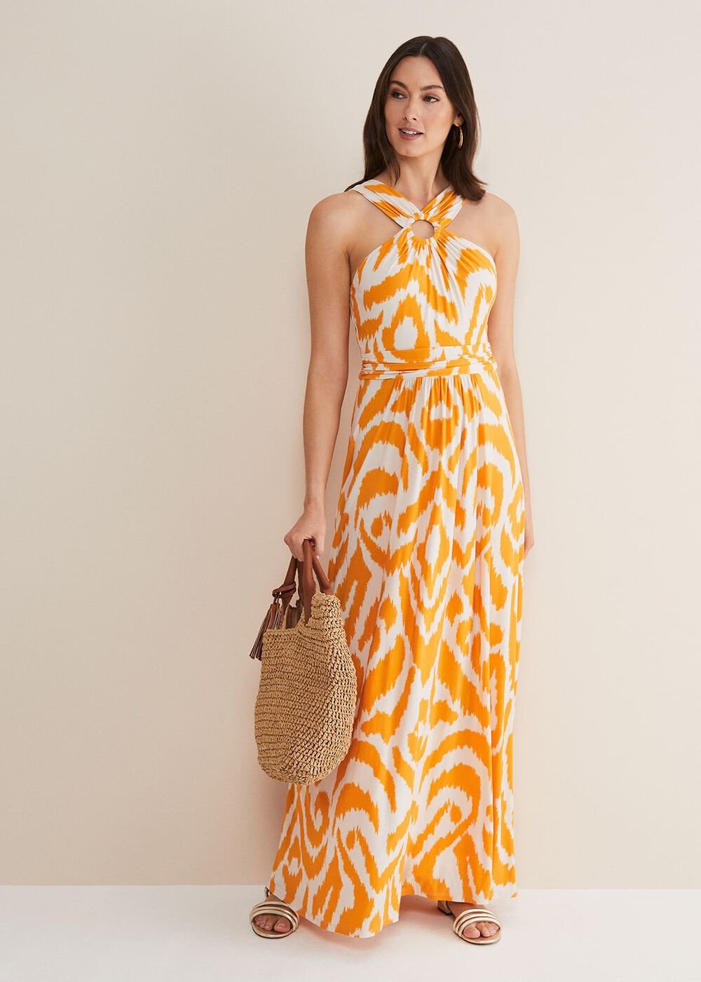 Maude Printed Jersey Maxi Dress - Orange/Cream
