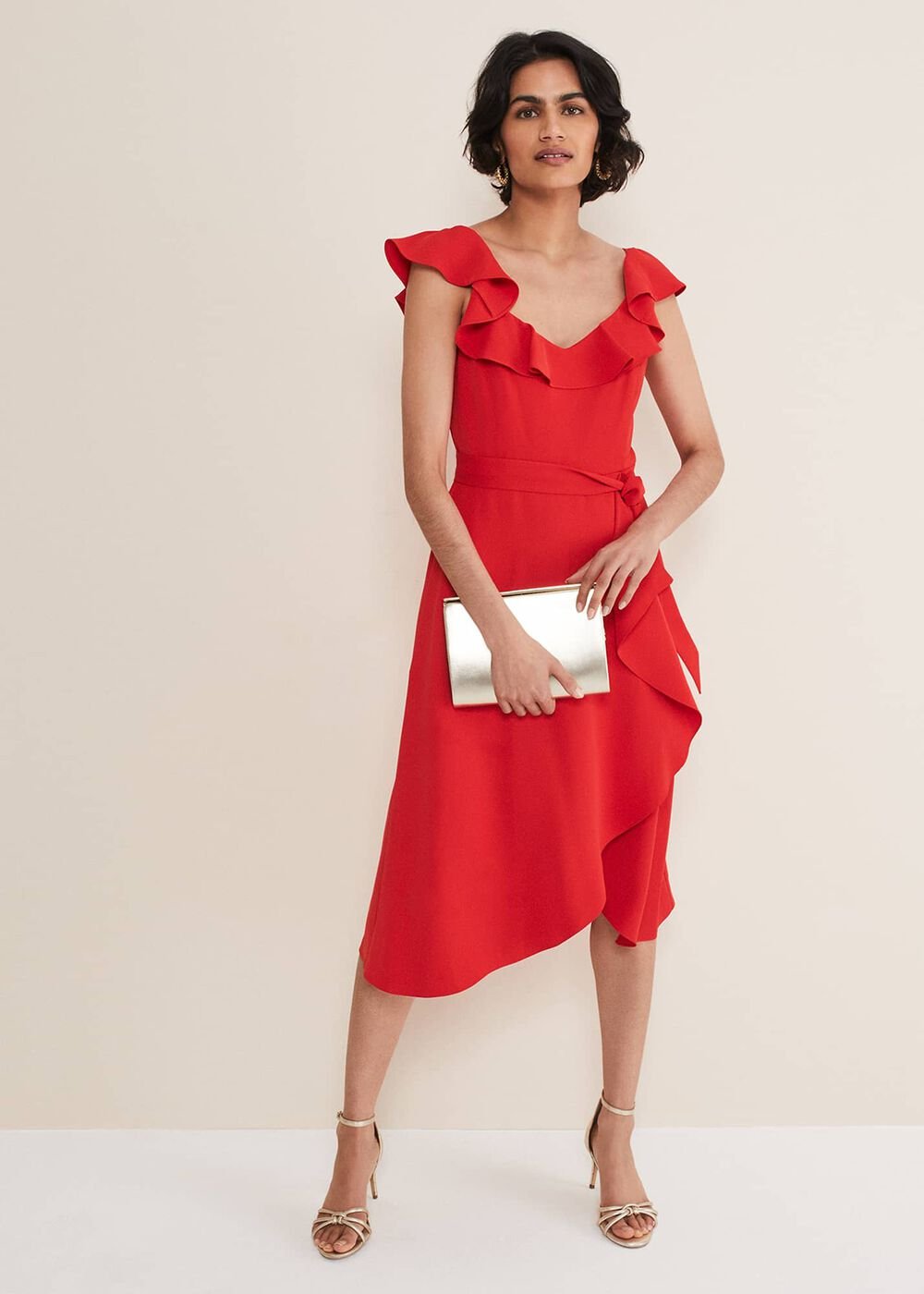 Tatiana Ruffle Wrap Midi Dress - Red