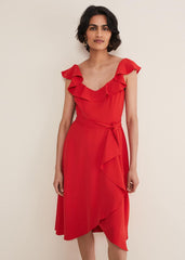 Tatiana Ruffle Wrap Midi Dress - Red