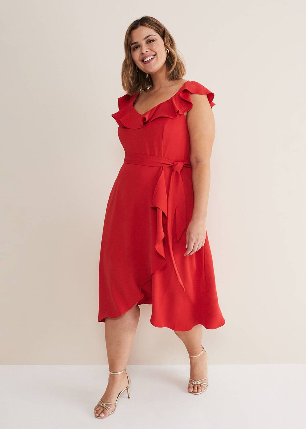 Tatiana Ruffle Wrap Midi Dress - Red