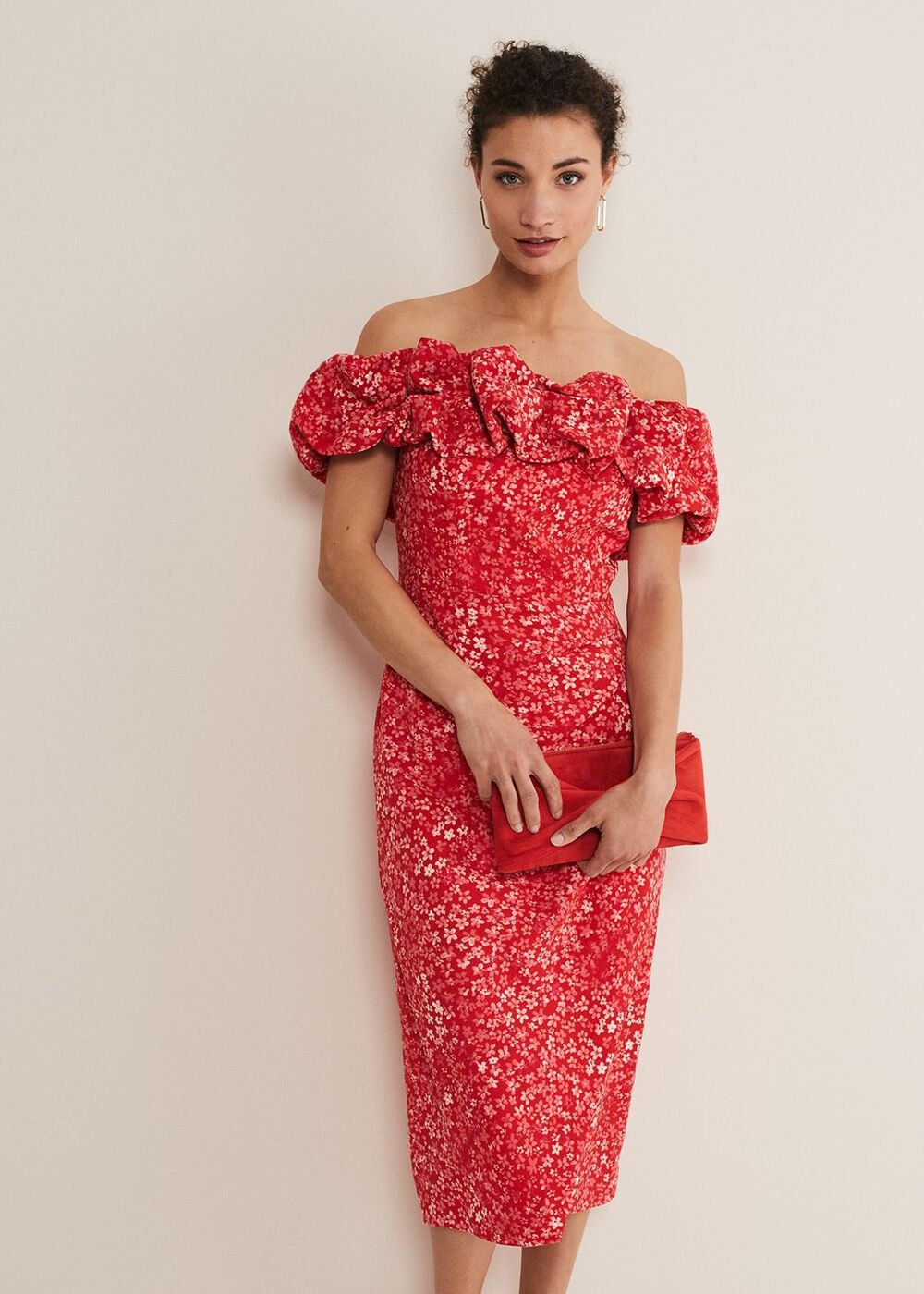 Senita Off Shoulder Ditsy Dress - Red/Multi