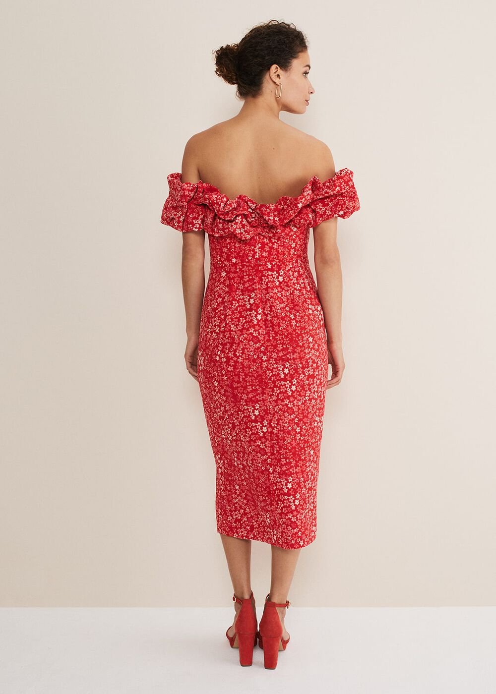 Senita Off Shoulder Ditsy Dress - Red/Multi