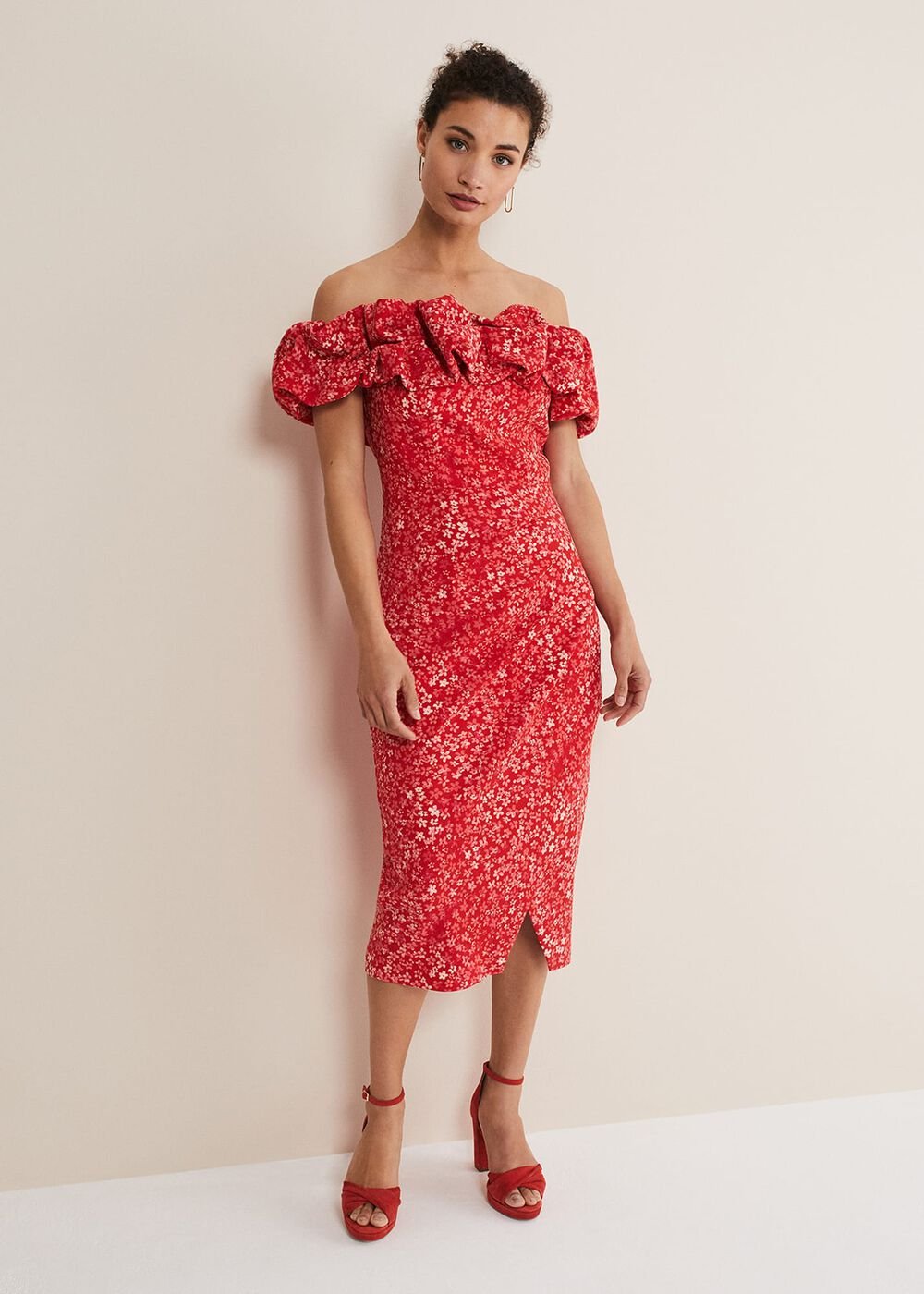Senita Off Shoulder Ditsy Dress - Red/Multi