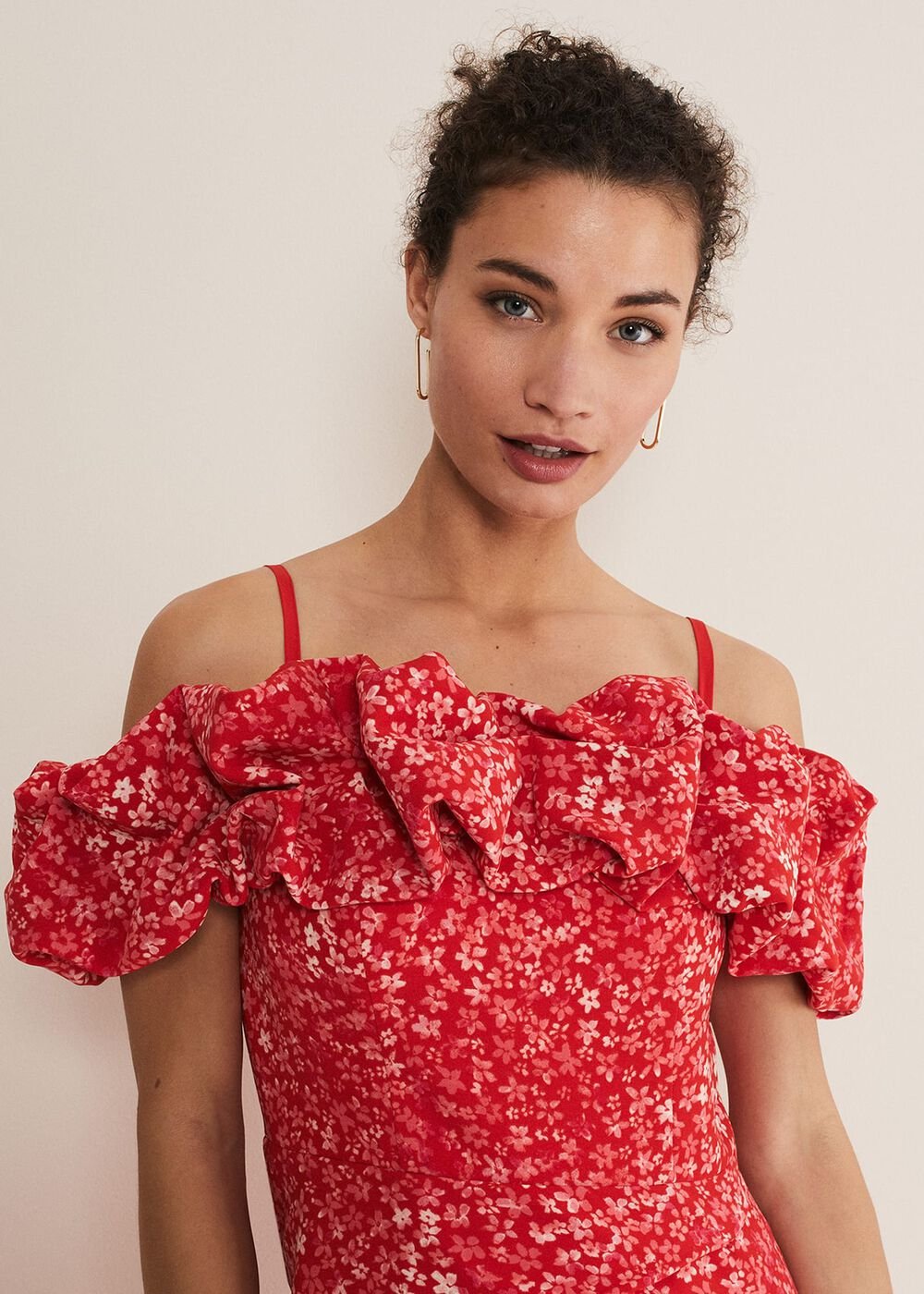 Senita Off Shoulder Ditsy Dress - Red/Multi
