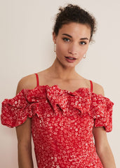 Senita Off Shoulder Ditsy Dress - Red/Multi