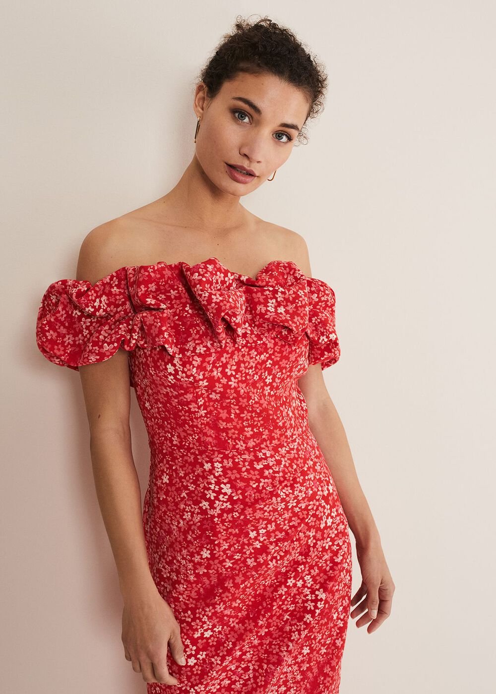 Senita Off Shoulder Ditsy Dress - Red/Multi
