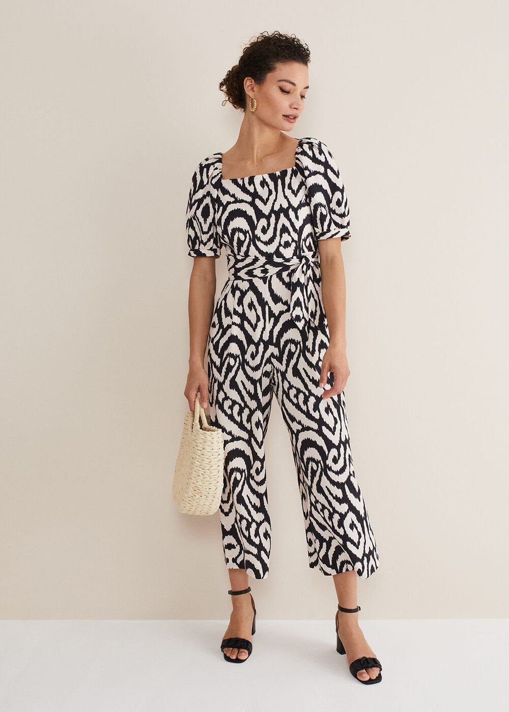 Sara Ikat Wide Leg Jumpsuit - Black/Cream
