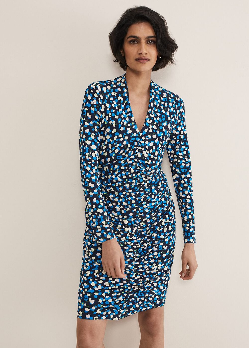 Juno Ruched V Neck Dotty Bodycon Dress - Blue Multi