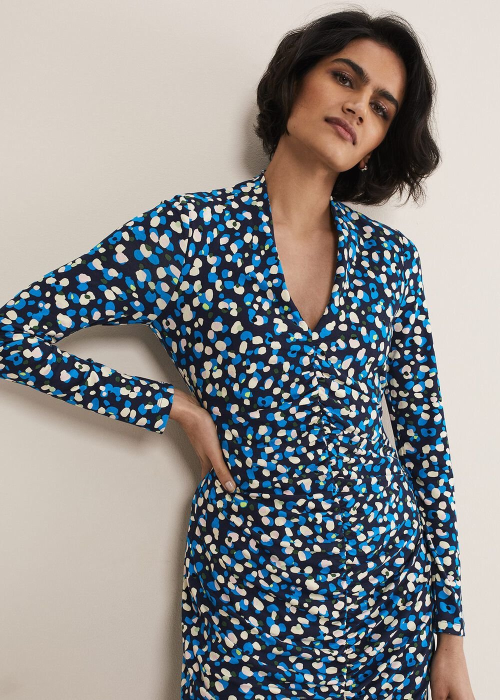 Juno Ruched V Neck Dotty Bodycon Dress - Blue Multi