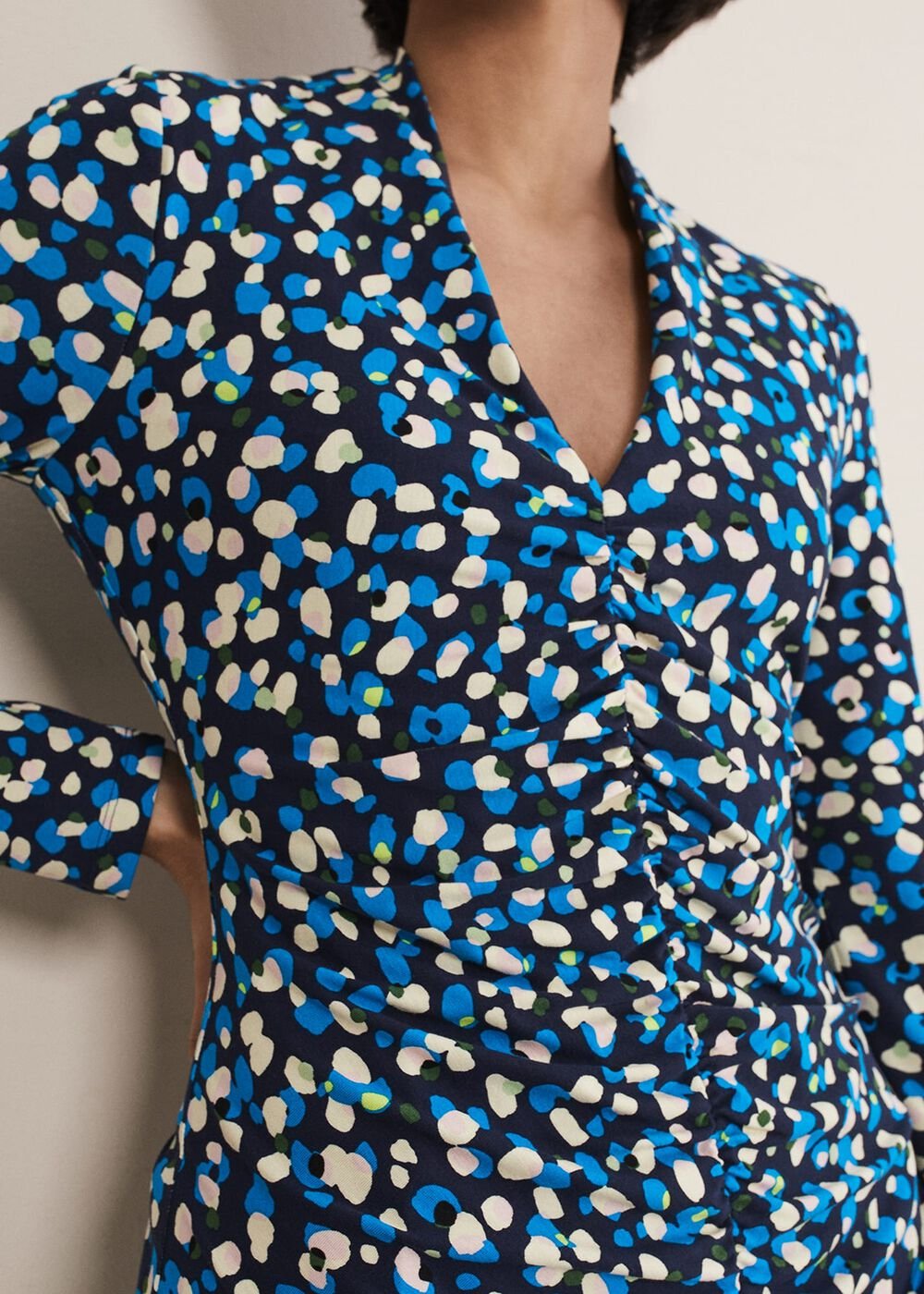 Juno Ruched V Neck Dotty Bodycon Dress - Blue Multi