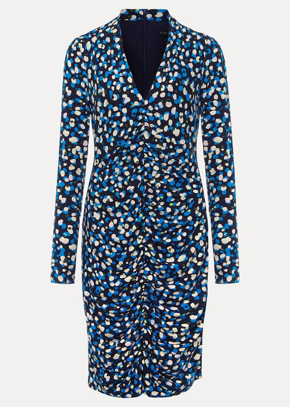 Juno Ruched V Neck Dotty Bodycon Dress - Blue Multi