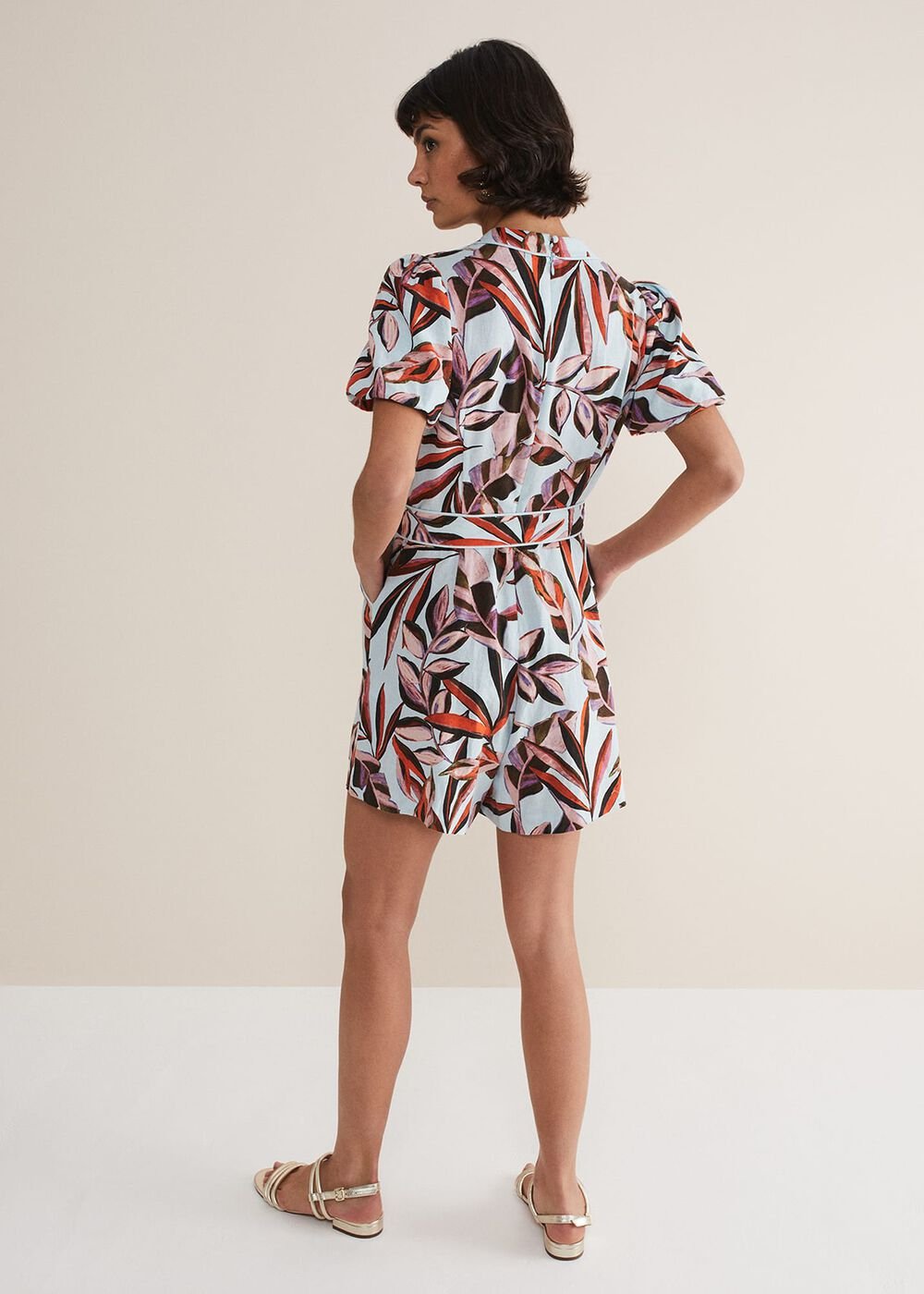 Vivian Linen Leaf Print Playsuit - Aqua/Multi
