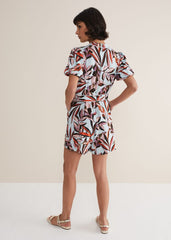 Vivian Linen Leaf Print Playsuit - Aqua/Multi