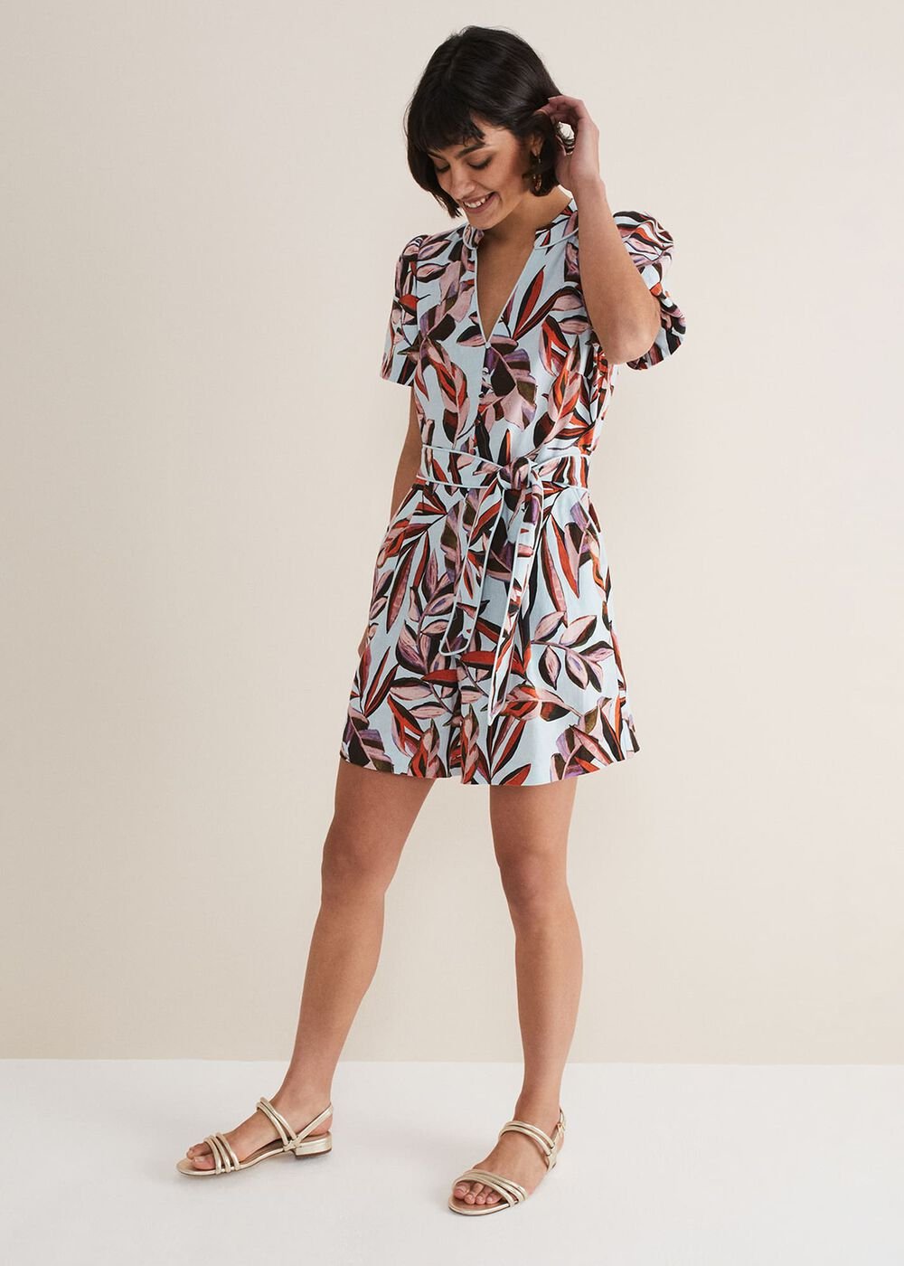 Vivian Linen Leaf Print Playsuit - Aqua/Multi