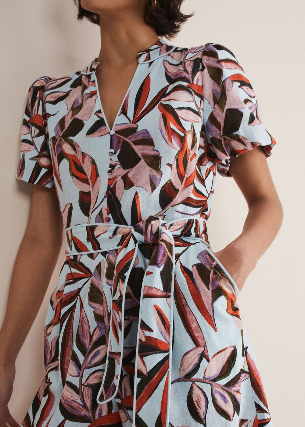 Vivian Linen Leaf Print Playsuit - Aqua/Multi