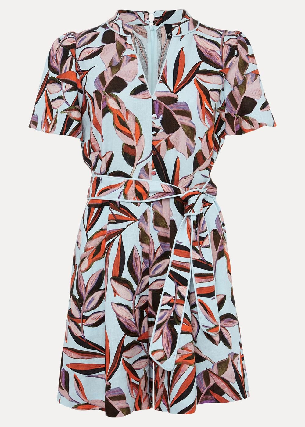 Vivian Linen Leaf Print Playsuit - Aqua/Multi