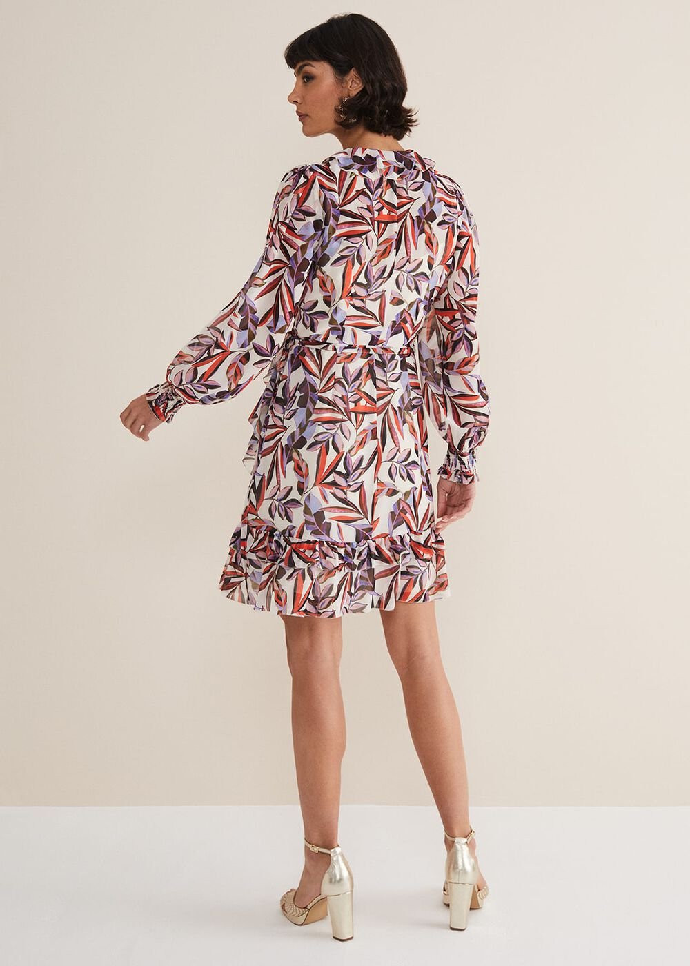 Melinda Leaf Print Mini Dress - Ivory/Multi