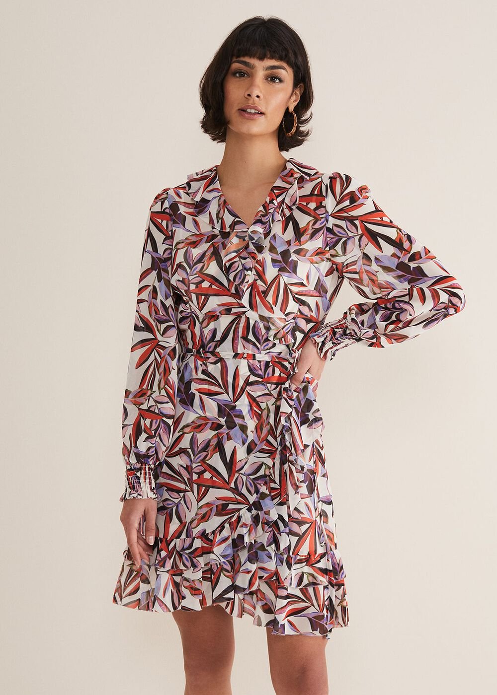 Melinda Leaf Print Mini Dress - Ivory/Multi