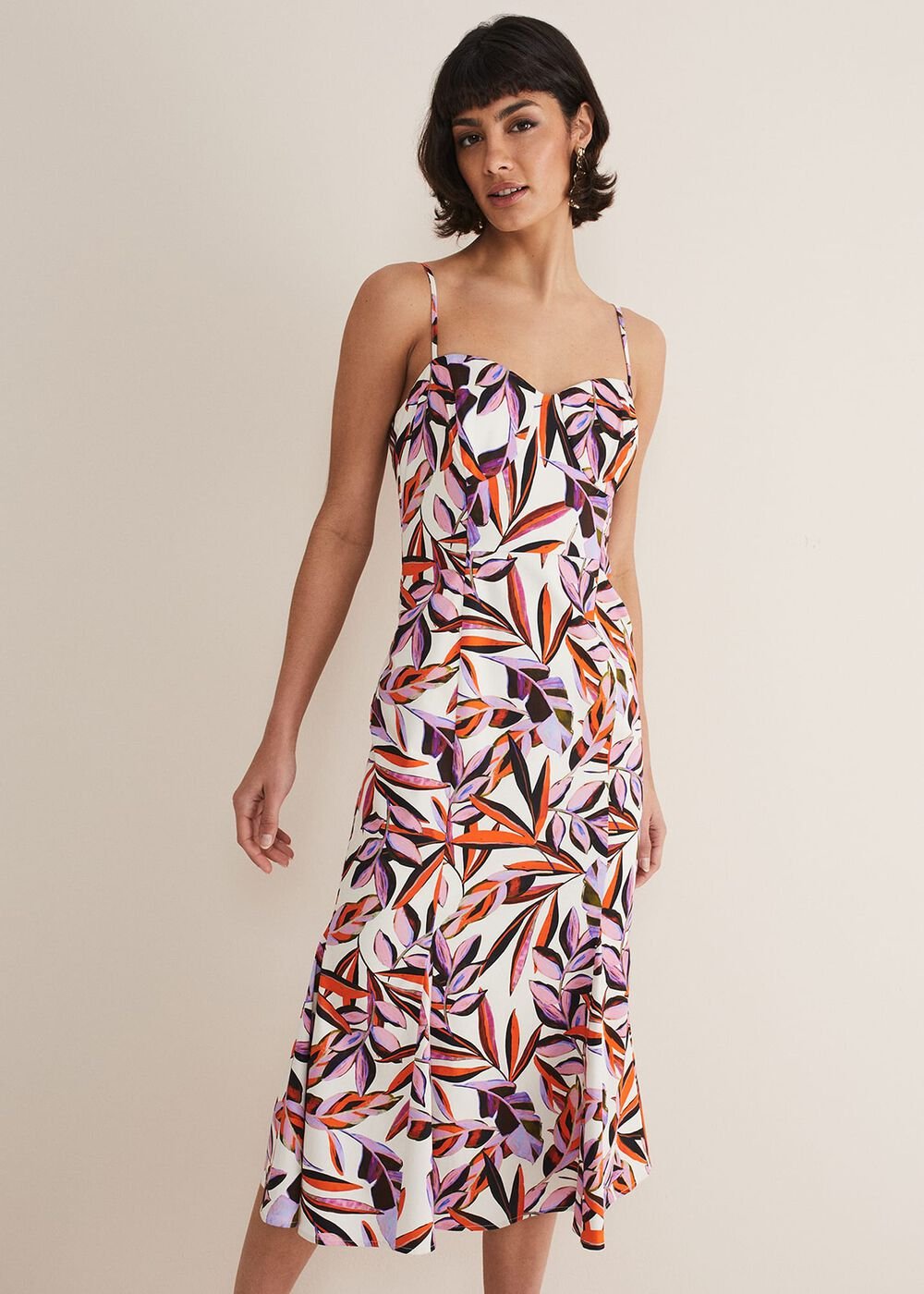 Sammie Leaf Print Fit And Flare Midi Dress - Ivory/Multi