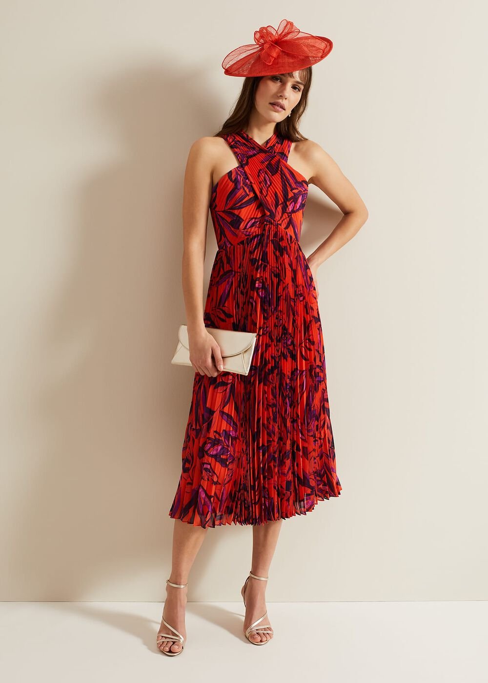 Sorella Pleated Midi Dress - Vermillion/multi