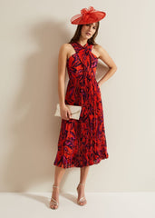 Sorella Pleated Midi Dress - Vermillion/multi