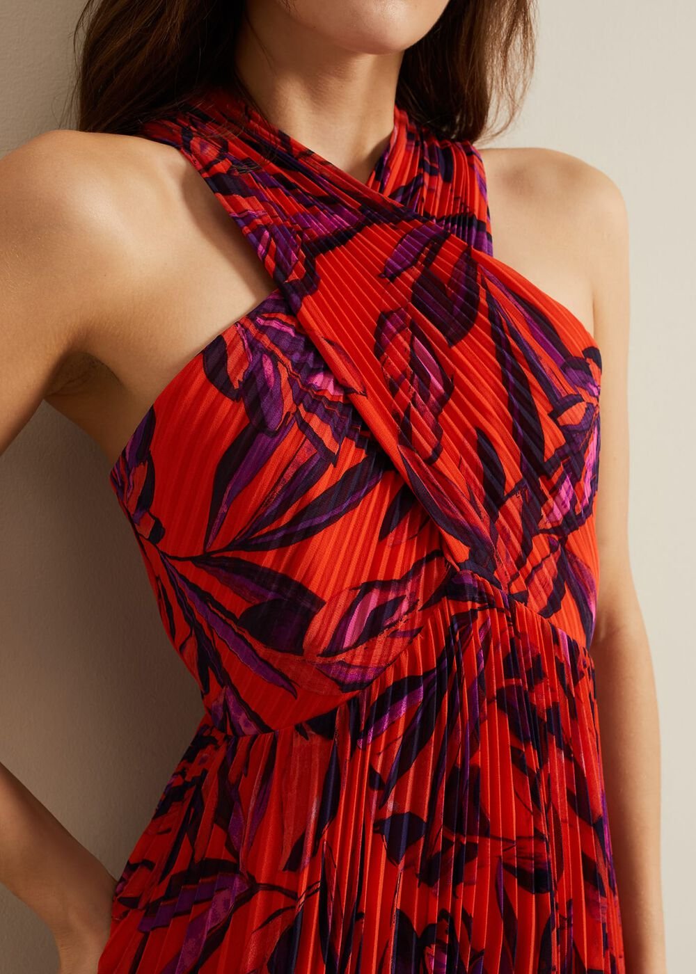 Sorella Pleated Midi Dress - Vermillion/multi