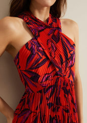 Sorella Pleated Midi Dress - Vermillion/multi