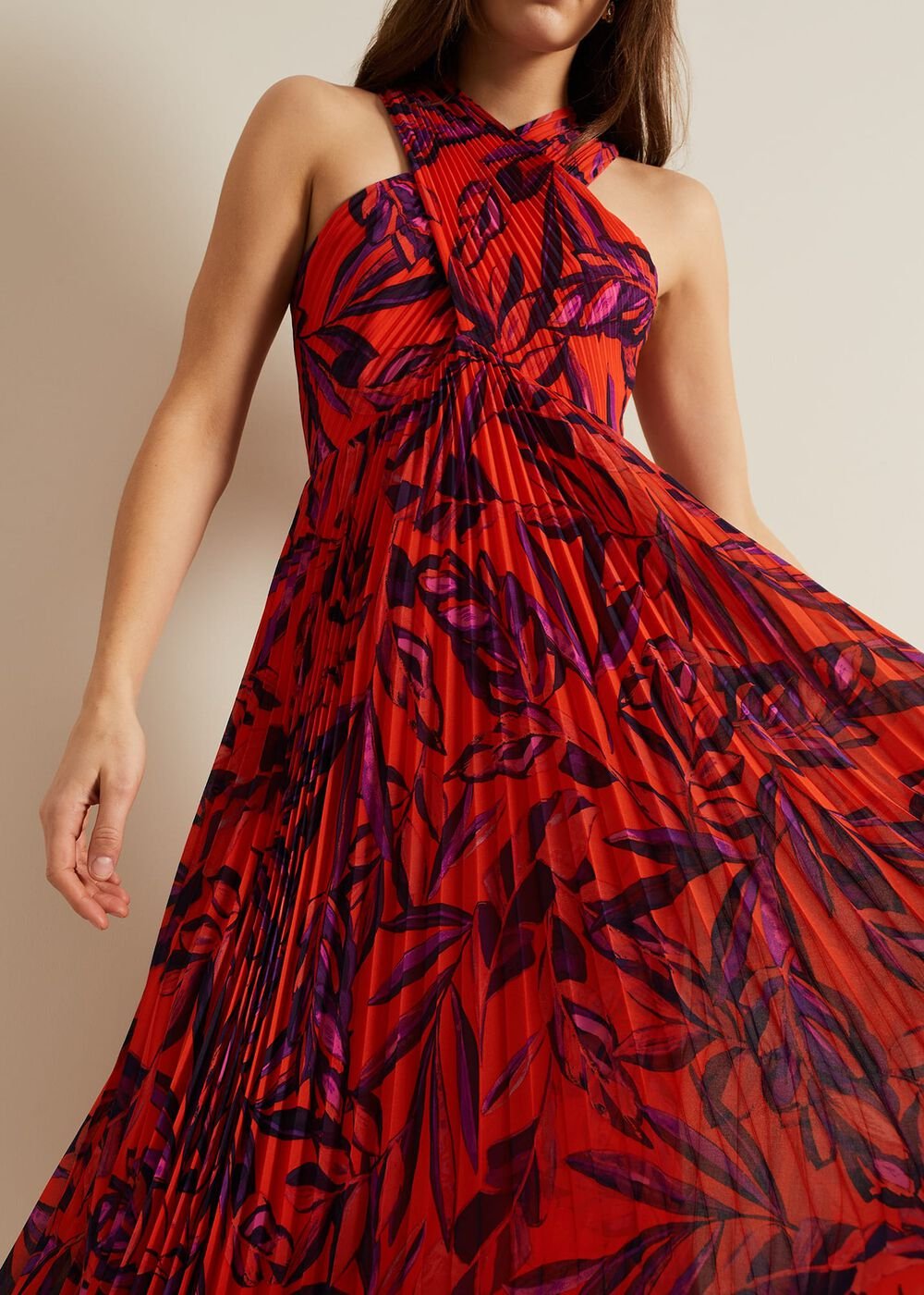 Sorella Pleated Midi Dress - Vermillion/multi