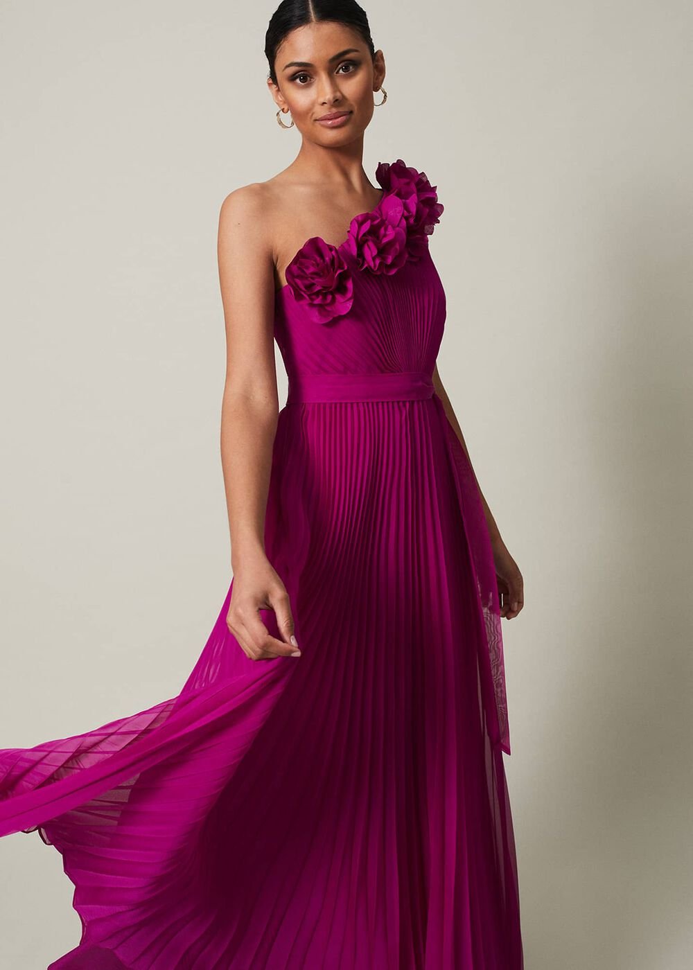 Minnie One Shoulder Pleated Maxi Dress - Magenta