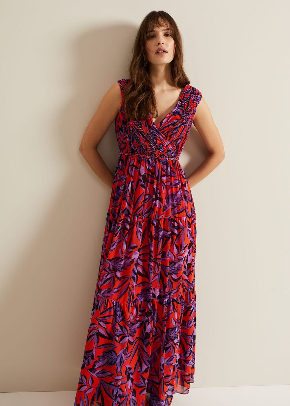 Athena Leaf Print Pleated Maxi Dress - Vermillion/multi