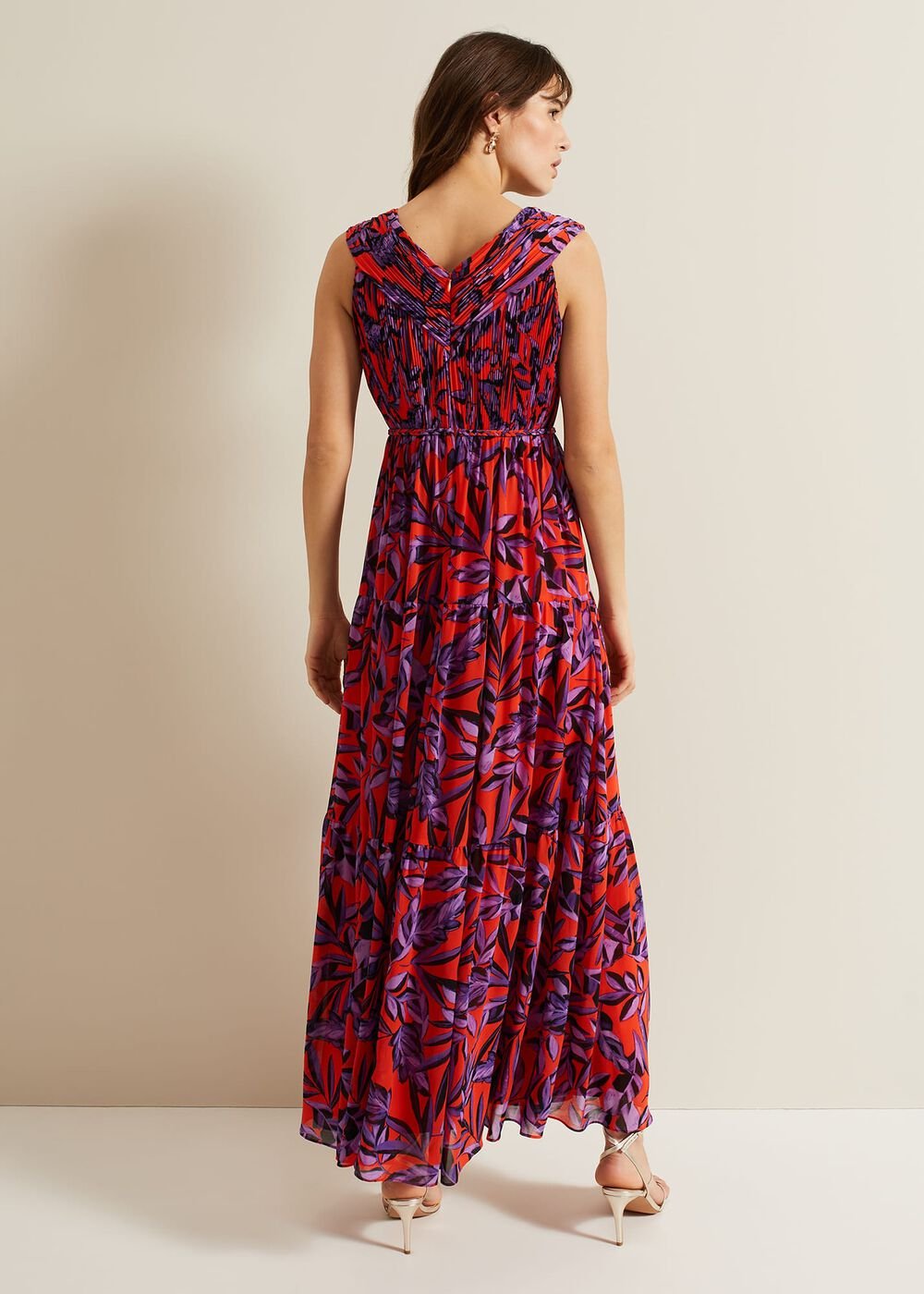 Athena Leaf Print Pleated Maxi Dress - Vermillion/multi