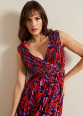 Athena Leaf Print Pleated Maxi Dress - Vermillion/multi