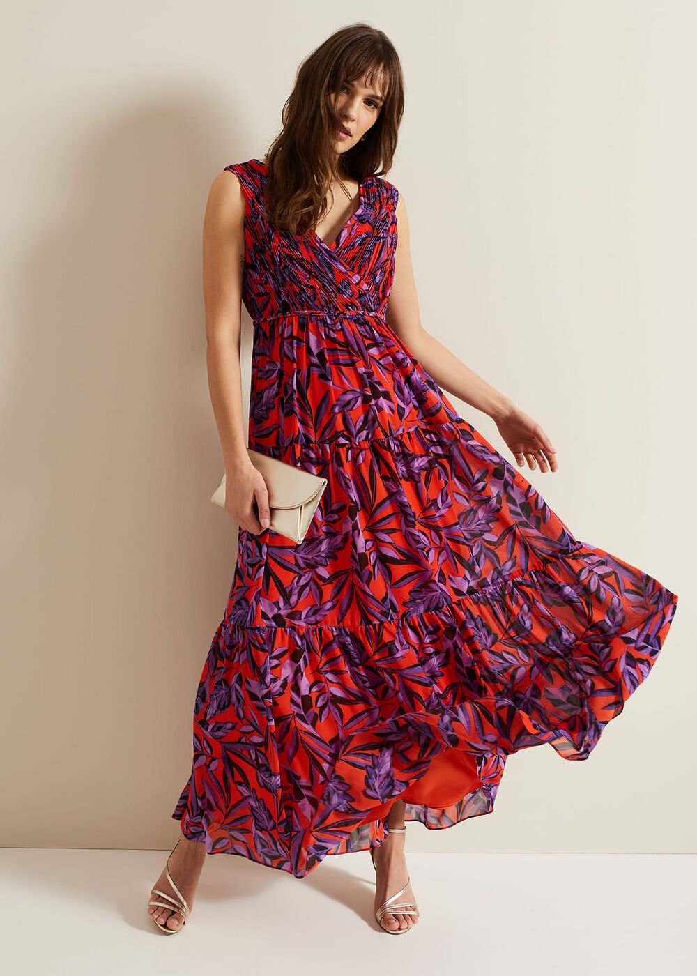 Athena Leaf Print Pleated Maxi Dress - Vermillion/multi
