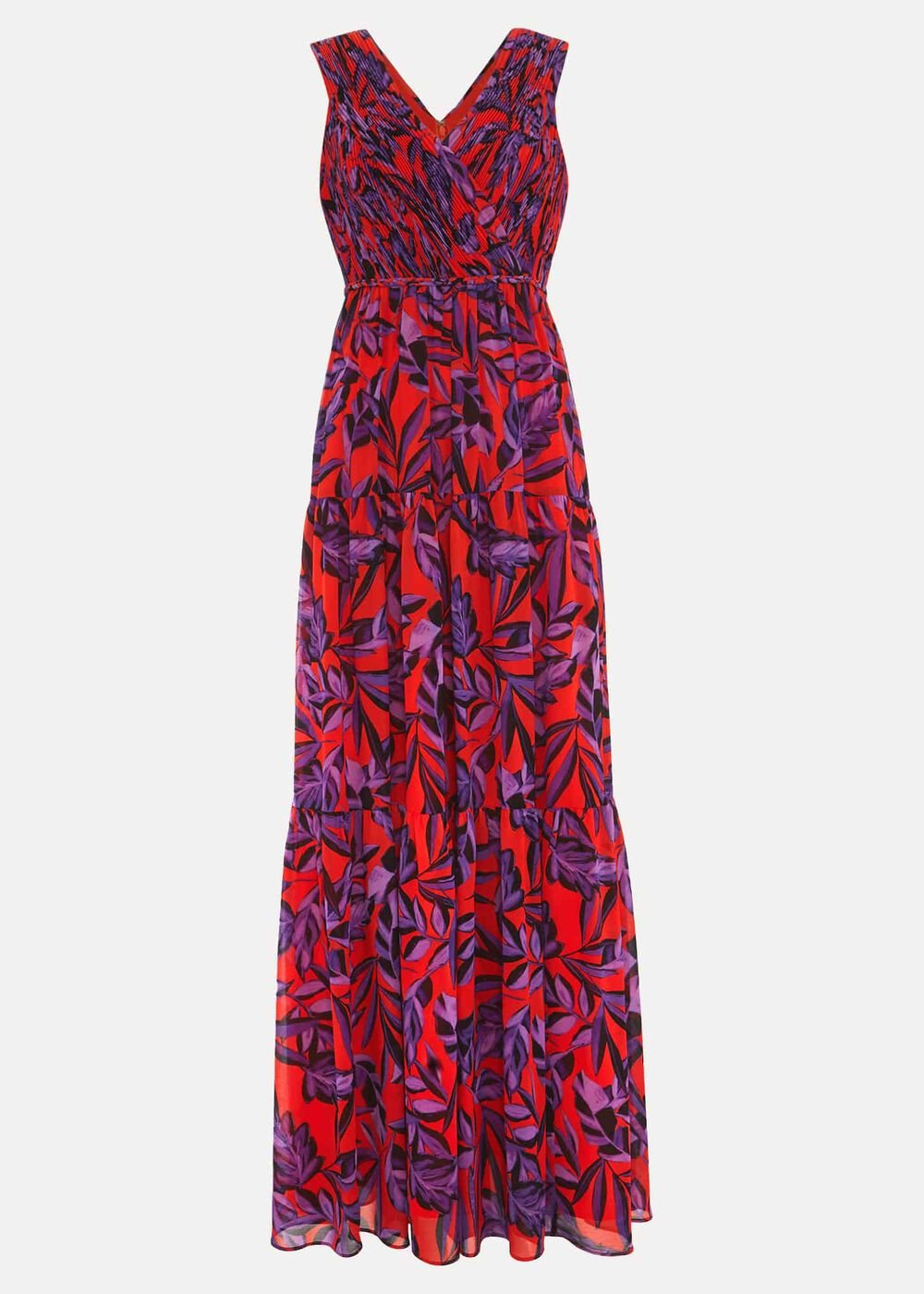 Athena Leaf Print Pleated Maxi Dress - Vermillion/multi