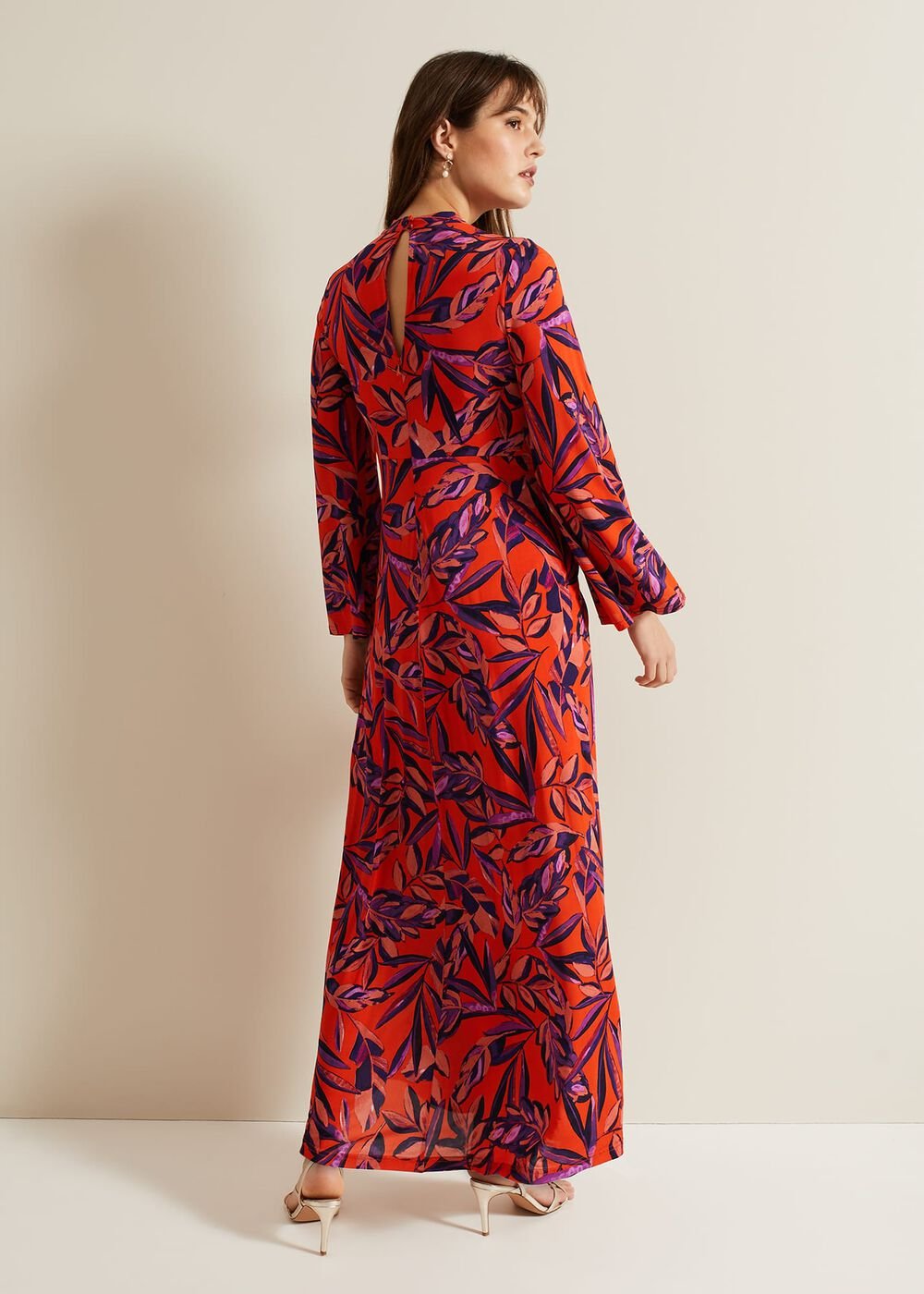 Briella Jersey Leaf Print Maxi Dress - Vermillion/multi