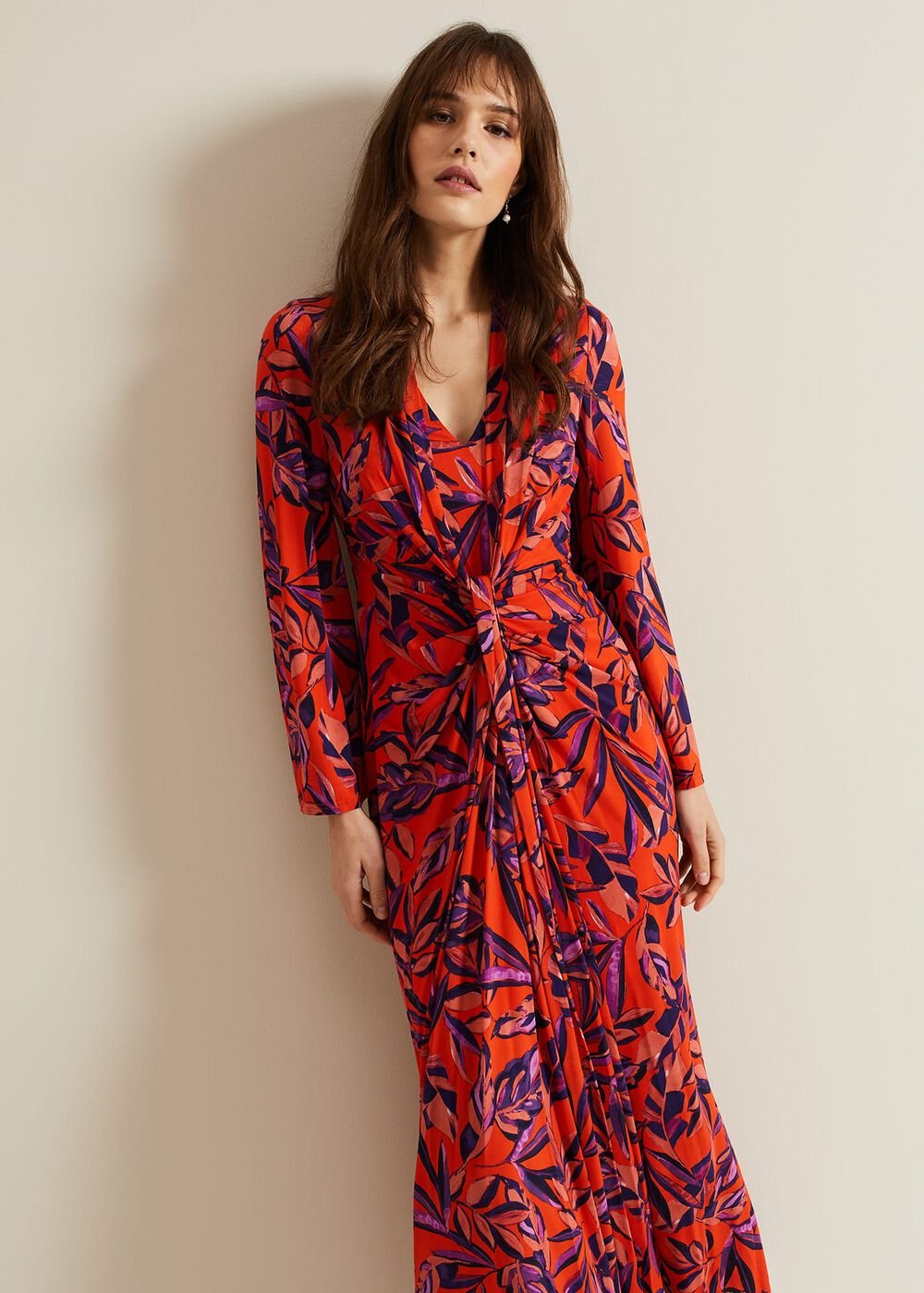 Briella Jersey Leaf Print Maxi Dress - Vermillion/multi