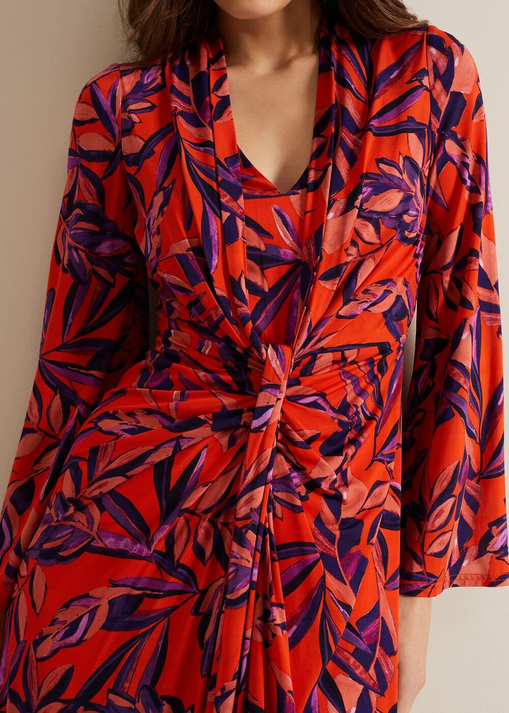 Briella Jersey Leaf Print Maxi Dress - Vermillion/multi