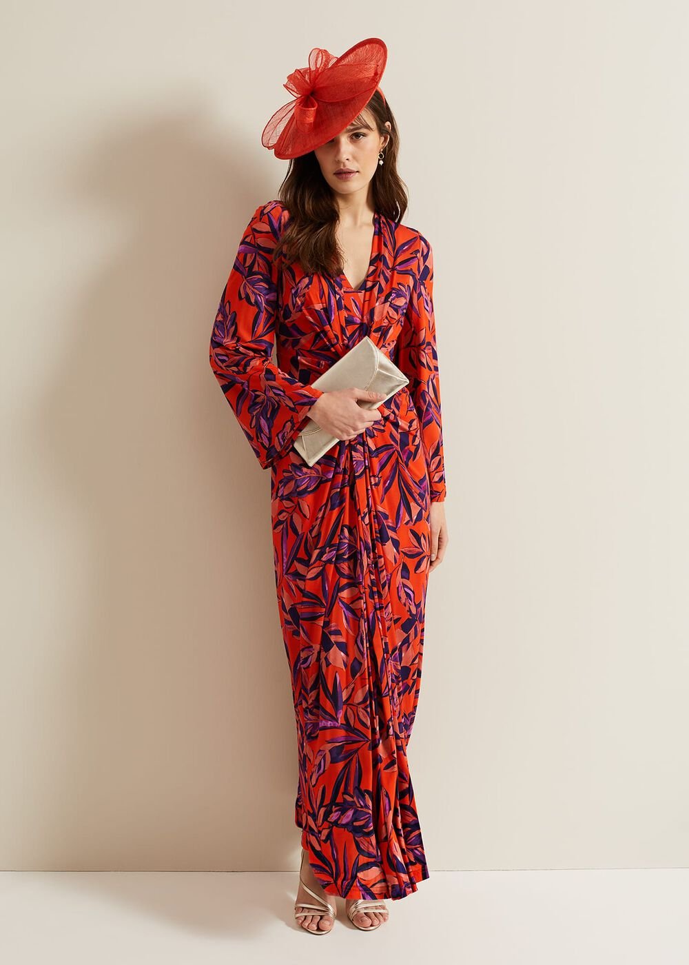 Briella Jersey Leaf Print Maxi Dress - Vermillion/multi