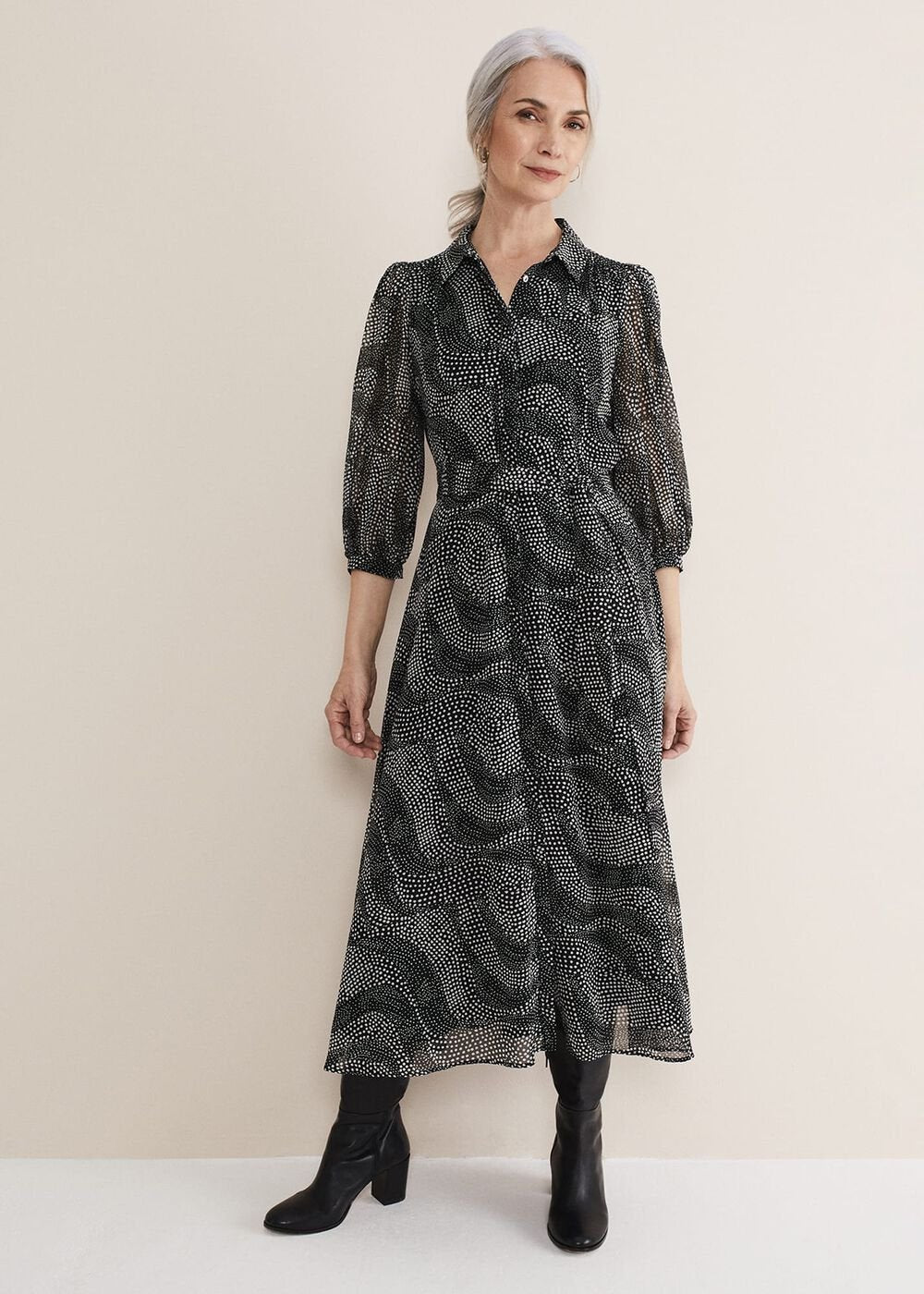 Miriam Chiffon Shirt Midi Dress - Black/Ivory