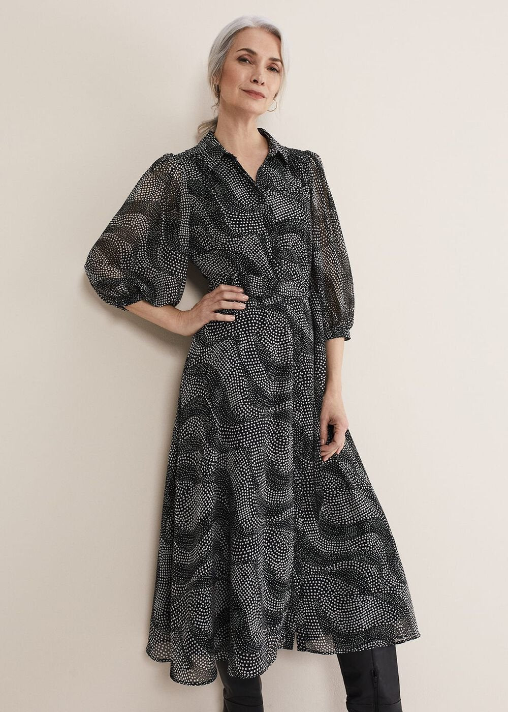 Miriam Chiffon Shirt Midi Dress - Black/Ivory