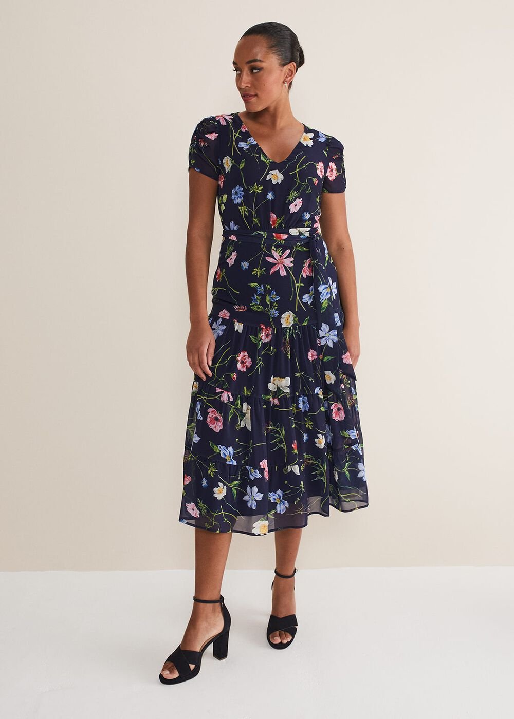 Lola Floral Tiered Midi Dress - Navy/Multi